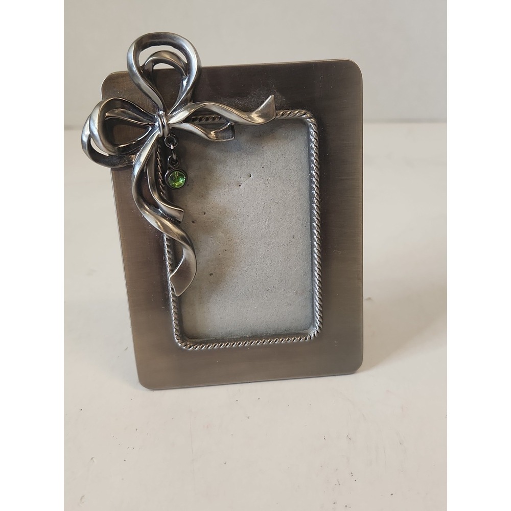 Vintage Decorel Pewter Mini Bow Picture Frame May Emerald Birthstone 2x3